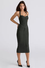 emerald halter neck bandage midi dress
