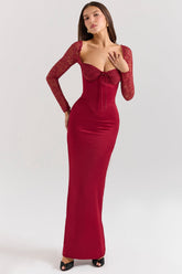 berry satin maxi dress with corset