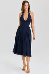 navy georgette halter midi dress