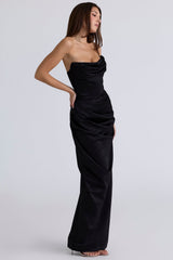 black satin strapless corset maxi
