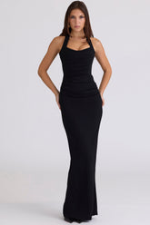 black scuplting halter neck maxi dress