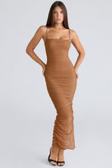 tan gathered stretch mesh maxi dress