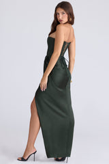emerald satin strapless maxi dress