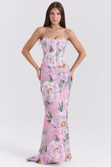pink floral corset maxi dress