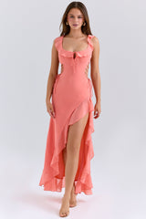 coral georgette ruffle maxi dress