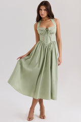 sage stretch cotton halter neck midi dress