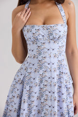 blue floral print stretch cotton halter neck midi dress