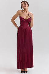 berry pleated satin maxi dress