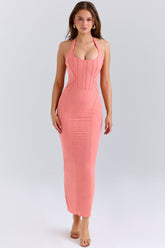 coral stretch mesh halter neck midi dress