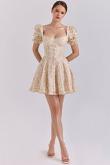 cream floral print chiffon puff sleeve mini dress