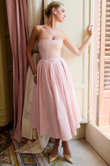 parisian pink strapless corset midi dress