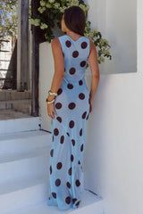 TERA HIGH NECK MAXI DRESS - SKY BLUE/CHOC POLKA