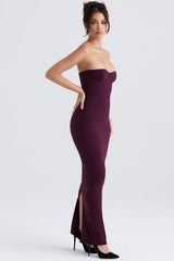 grape strapless corset maxi dress