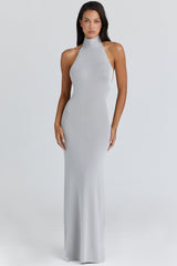 silver grey halter neck backless maxi dress