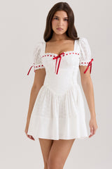 white broderie anglaise puff sleeve mini dress