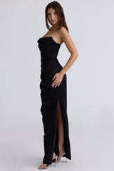 black satin strapless corset maxi