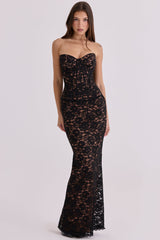 black + blush lace corset maxi dress