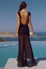 BLYTHE V-NECK FRILL MAXI DRESS - BLACK