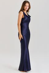 navy satin draped cowl neck maxi dress