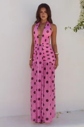 ADRIANNA PLUNGE RUCHED MAXI DRESS - MUSK/CHOC POLKA