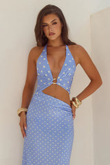 LUMIA HALTER CUTOUT MAXI DRESS - PERIWINKLE/LEMON POLKA