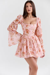 english vintage rose print puff sleeve mini dress