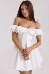 white cotton off shoulder corset mini dress