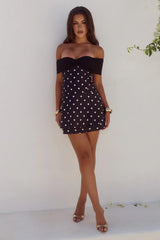KADIE OFF SHOULDER MINI DRESS - BLACK/WHITE POLKA