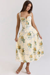 lemon vintage ribbon print cotton midi dress