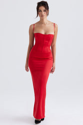 red satin corset maxi dress