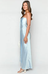 Ariella Blue Satin Strapless Maxi Dress