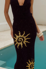 YASMINA PLUNGE COWL KNIT MAXI DRESS - BLACK