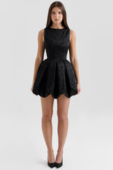black backless embroidered mini puffball dress