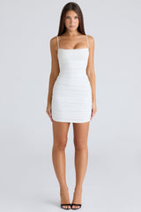 white gathered stretch mesh mini dress