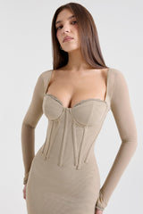 beige mesh long sleeve bodycon midi dress