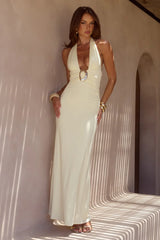 ARINA HALTER V-NECK MAXI DRESS - LEMON