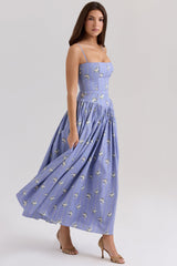 blue daisy print stretch cotton midi sundress