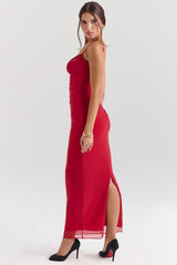 holly red stretch mesh corset maxi dress