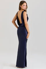 navy satin draped cowl neck maxi dress