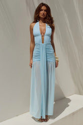 ADRIANNA PLUNGE RUCHED MAXI DRESS - AQUA