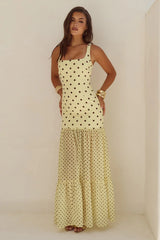 TILLIE SHEER BOTTOM MAXI DRESS - LEMON/CHOC POLKA