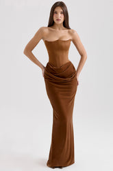 coffee velvet strapless corset maxi dress