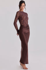 espresso brown lace + satin draped maxi dress
