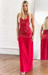 Aella Red Beaded Halter Maxi Dress
