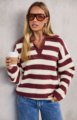 Daze Burgundy Stripe Polo Knit Sweater