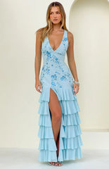 Eleanor Blue Sequin Ruffle Hem Maxi Dress
