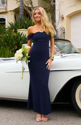 Ella Navy Off Shoulder Crepe Formal Maxi Dress