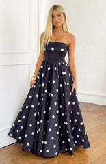 Julianne Strapless Polka Dot Satin Maxi Dress