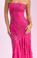 Khai Pink Ruffle Maxi Scarf Beaded Dress