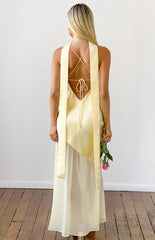 Laila Yellow Satin Scarf Formal Maxi Dress